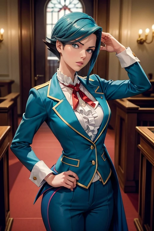 Franziska Von Karma ((Phoenix Wright : ace attorney)) in a justice Hall, Lawyer, 30 ans, Cyan Blue Hair, Puffy clothes, Clothing with ruffles, Wear a blue pant ,Use a Whip, Cyan blue clothes, , Regard strict, Stern look. (Best quality:1.1), (Masterpiece:1.4), (cheveux volumineux)+ , cheveux courts, Squared Chheveux (Yeux verts) Petits seins, (small lips ) +
