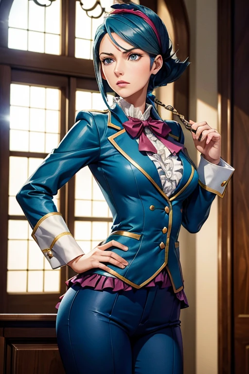 Franziska Von Karma ((Phoenix Wright : ace attorney)) in a justice Hall, Lawyer, 30 ans, Cyan Blue Hair, Puffy clothes, Clothing with ruffles, Wear a blue pant ,Use a Whip, Cyan blue clothes, , Regard strict, Stern look. (Best quality:1.1), (Masterpiece:1.4), (cheveux volumineux)+ , cheveux courts, Squared Chheveux (Yeux verts) Petits seins, (small lips ) +