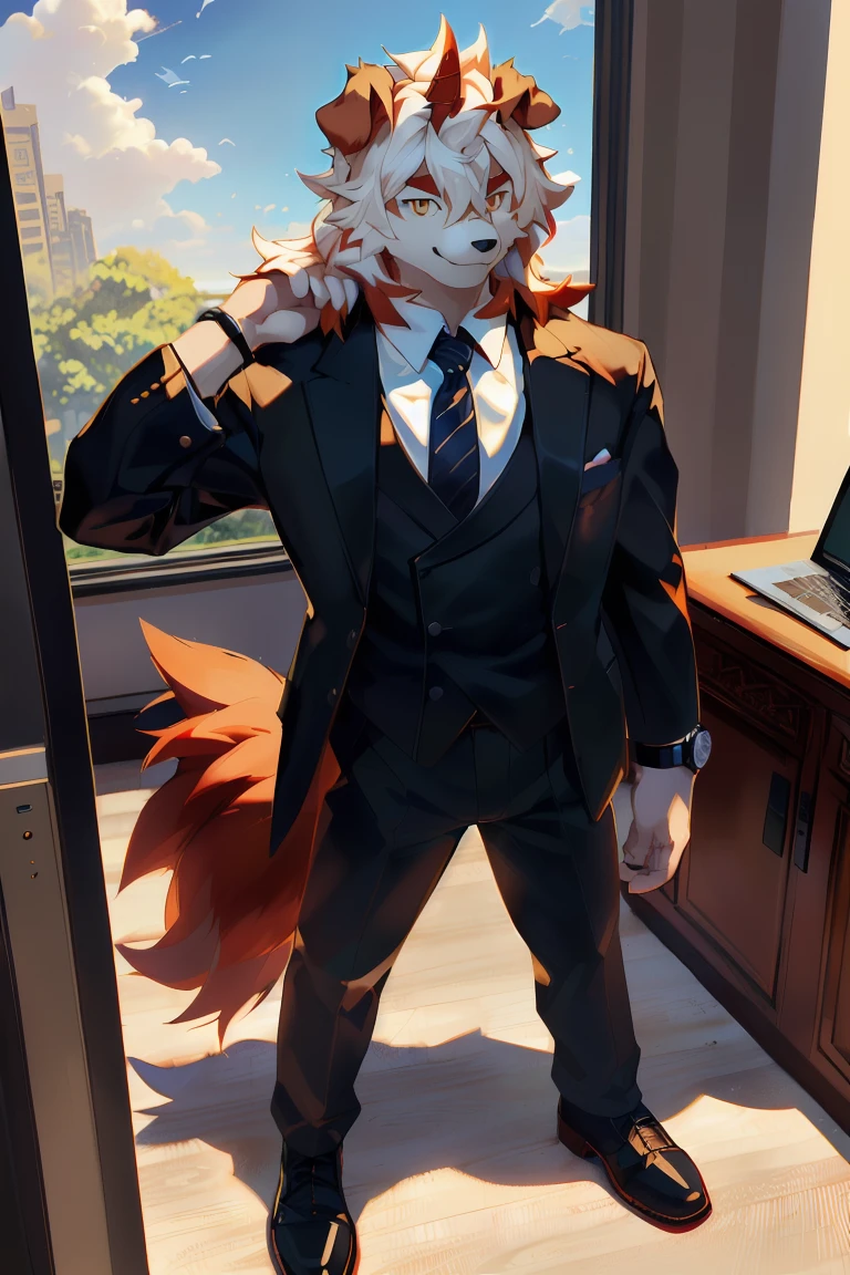 (by Hioshiru, by null-ghost, By personalami, by Honovy, by thebigslick, author：Feinhertz), Male, Solo, domestic dog, horn, floppy ears, clawed paws,  Smile, During the day，cloudless sky，In the office building，Masterpiece, Best quality, offcial art, Extremely detailed Cg Unity 8K wallpaper, Ultra-detailed, Best Illustration, Best shadow, Perfect lighting, pegging (/arknight/), White fur, Furry male, Dog boy, Furry, Two-tone fur, 1boys, multicolored hair, Male focus, Horns, Striped hair, Dog ears, Animal ears, single horn, Brown fur, bangs, Orange hair, White hair, Medium hair, Orange eyes, Solo,Black pupils，In black suit，Black trousers，White color blouse，Plaid tie，full bodyesbian，leather shoes，A collar is worn around his neck，Wrist watch，briefcase，Coffee in hand，Orange tail，Fluffy tail，full bodyesbian，Tall and strong，Computer，Floor glass，ssmile，Toothy，Hair is supple