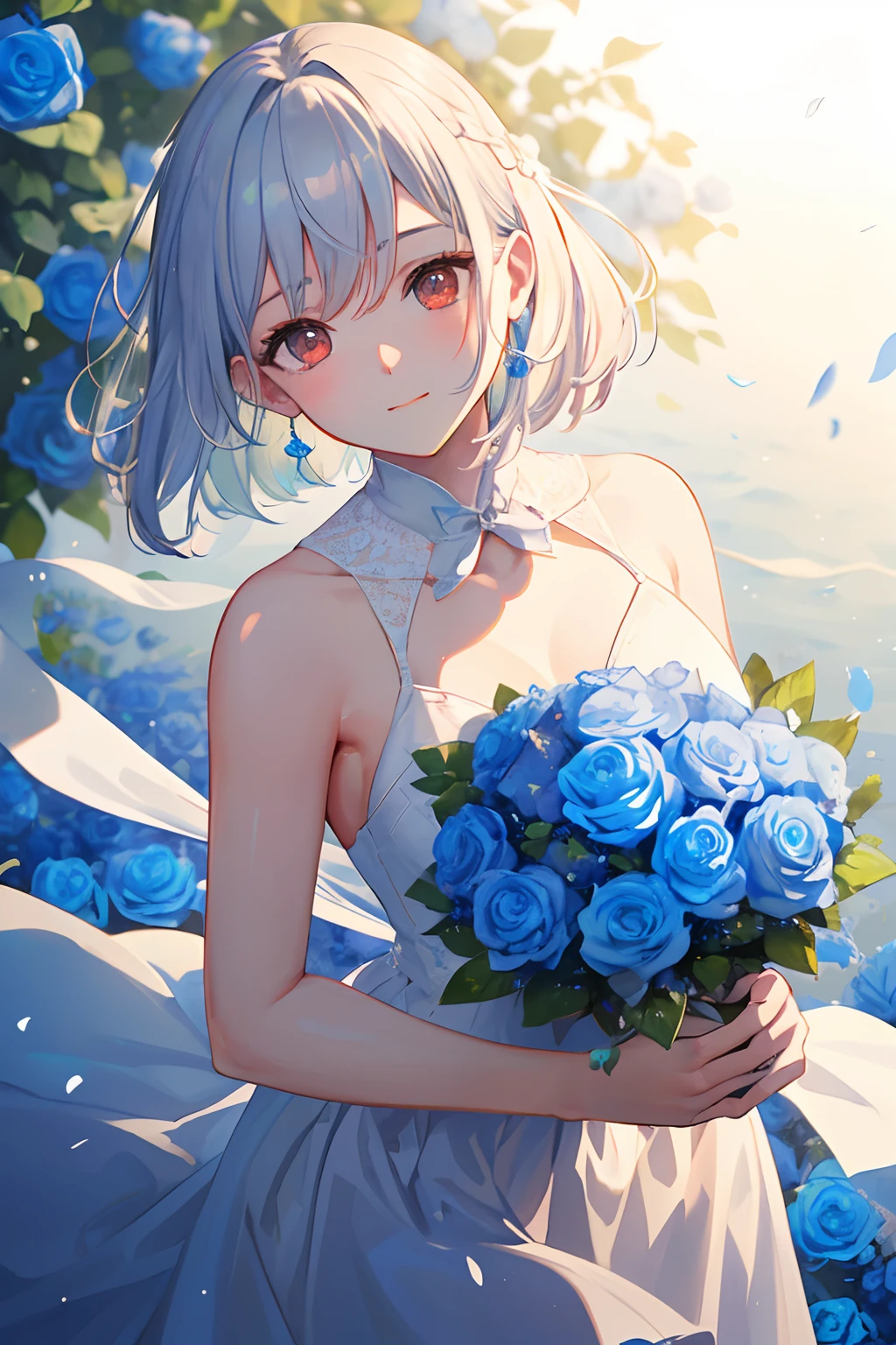 (masutepiece.top-quality).(Dynamic Angle). (Very spectacular detail CG painting),(image perfect)、comic strip.Illustration.1 girl in.Detailed face、face perfect.delicated face、Girl in delicate white wedding dress、Textured skin、White hair.short-hair、(short braided hair)、((Beautiful red eyes)).Delicate and beautiful eyes、Eyes written in detail、Reflected eyes、Watery eyes、smil.(Holding a bouquet of blue roses:1.3).(Blue petals flutter:0.8)、((Girl in white prom dress))、8k wallpaper、cowboy  shot、Reflected Light、highestdetailed、Convoluted、Delicate background、Textured skin、Detailed skin、(ultra res)、