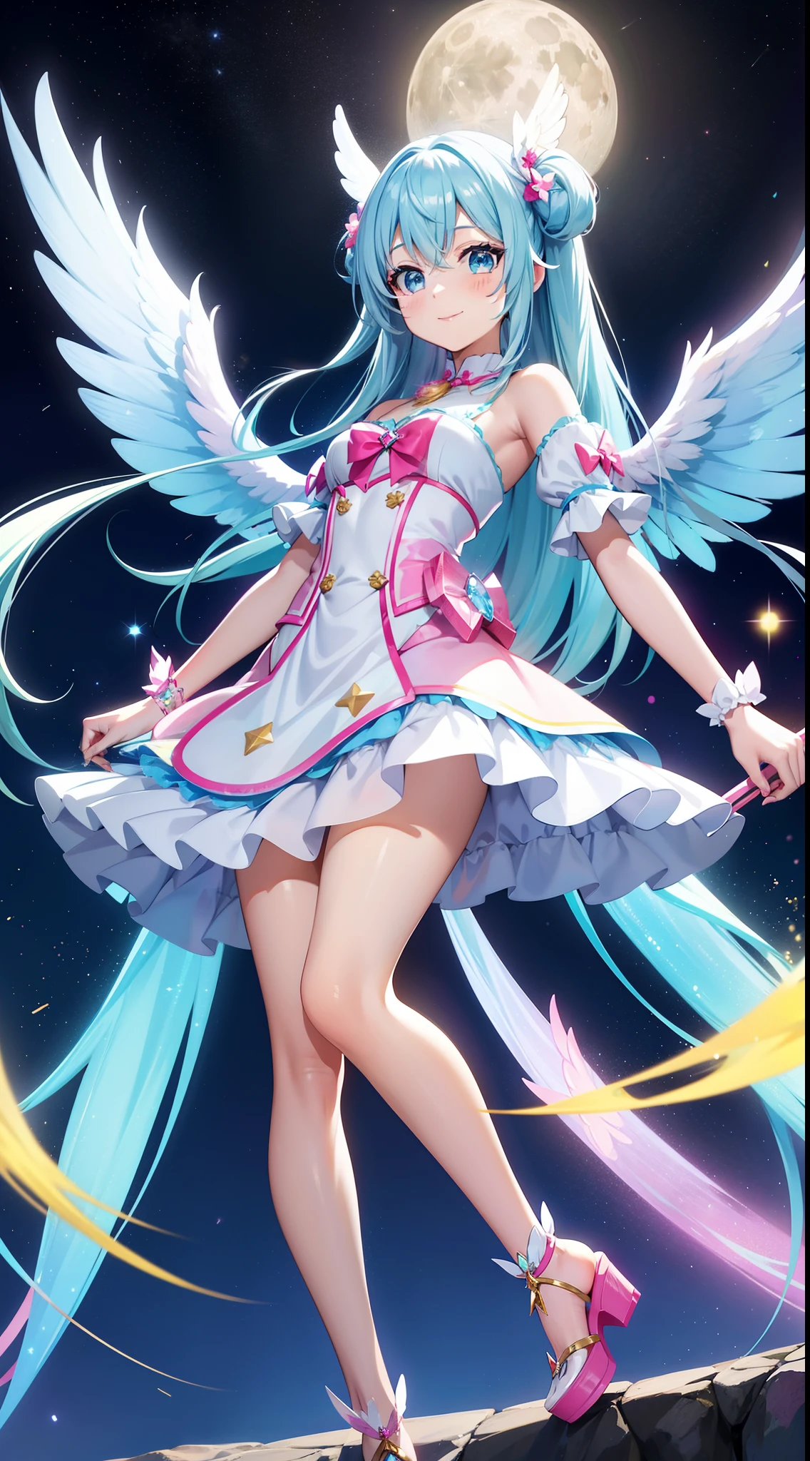 Super Idol Little girl A charming smile sky blue hair length hair Twin-tailed Glittery bright pink and white and blue and yellow leotards facing front 7 colors of angel large wings on the back Mystical Fantasia constellation a moon Crystal Brilliance Aurora Borealis in the Night Sky