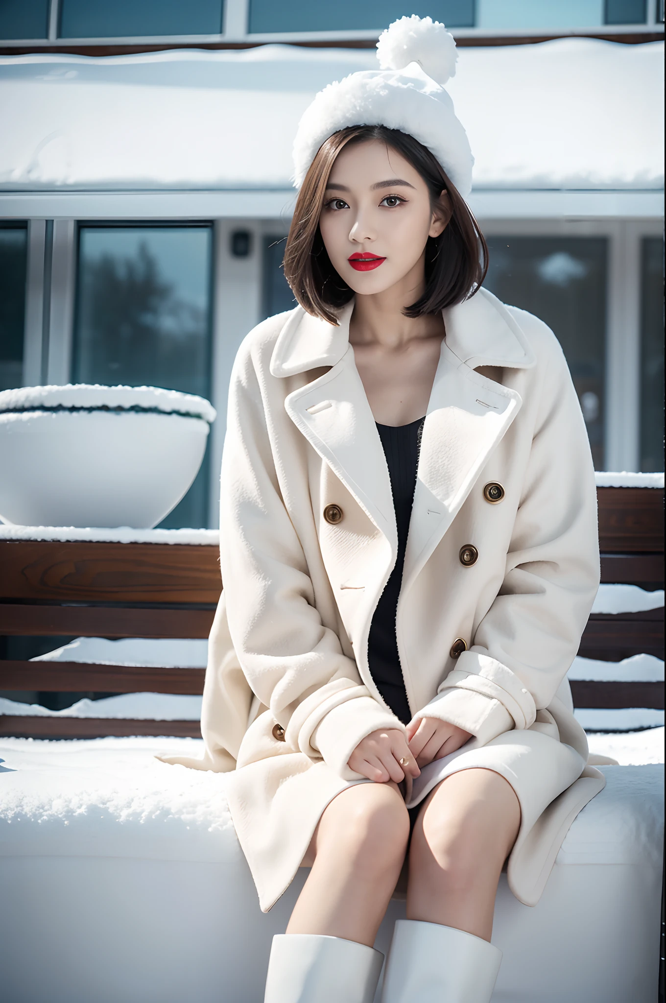 best quality, 4k, 8k, Detailed faces, clear face, a pretty girl,Exquisite Makeup, Red lips,laugh, perfect body,shoulder-length straight black bob hair,White cotton hat,small breasts,thigh,slim,thin, The girl wears a brown woolen coat, Underneath the jacket was white collared shirt and bare legs,white boots, Snowscape, winter, garden,Haze weather,Rime,cloudy,a big snowman behind the girl