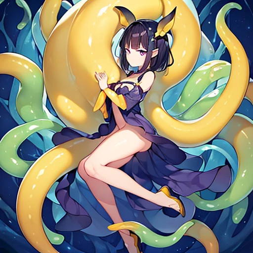 ((NSFW100))、(((full body seen)))、(((Flat))), (((Tall adult woman)))、(((short dark hair))), (((Indigo eyes)))、((She wears a dress with yellow ruffles made with yellow slimy tentacles))、(Mucus and slimy skin)、((Sadness look))、(The legs are made of slimy tentacles)、(The arms are made of slimy tentacles)、(Hanging from a tree with a tentacle tail)、gazing into distance、It is hugged by large yellow slimy tentacles