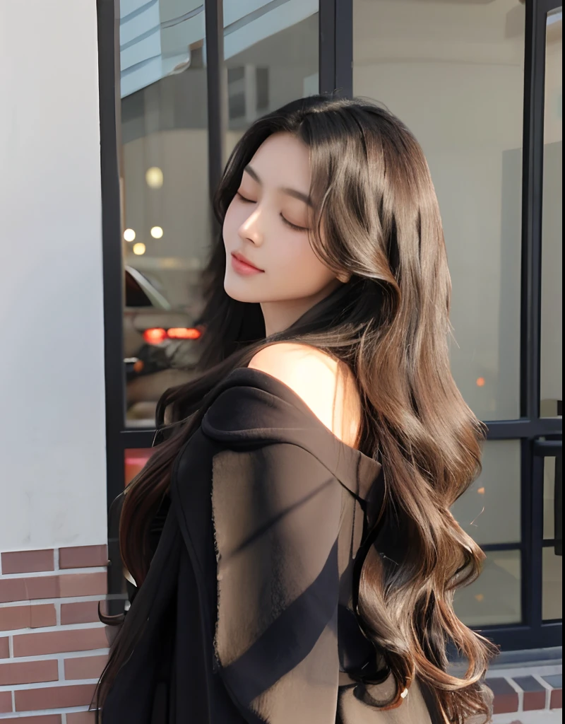 There was a woman standing outside the building with her eyes closed, With long hair, Asian girl with long hair, wavy long black hair, long wavy dark hair, Long wavy black hair, wavy and long hair, with long dark hair, long hair girl, Long hairstyle, appealing long hair, Black long hair, long wavy dark hair, Dark long hair