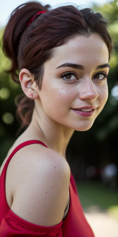 Photo of a 15-year-old European girl, .RAW, beautiful woman, (Light brown hair with ponytail hairstyle ), peinado de cola de caballo ((retrato)), ((Cara detallada:1.2)), ((Detailed facial features)), (Piel finamente detallada), Pale skin , con pecas en mejillas ,parque, Noria de Londres、uniforme de porrista rojo y blanco 、senos medianos , hermosa sonrisa,(cool color), humid, humid, Reflectores, (Masutepiece) (proporciones perfectas)(fotos realistas)(La mejor calidad) (Detallado) fotografiado con una EOS R5 de Canon, Lente de 50 mm, f/2.8, NffSW, (8k) (papel tapiz) (cinematic lighting) (Dramatic lighting) (foco nítido) (Enrevesado) , parque , cuerpo completo , hermoso cuerpo, jugando deportes
