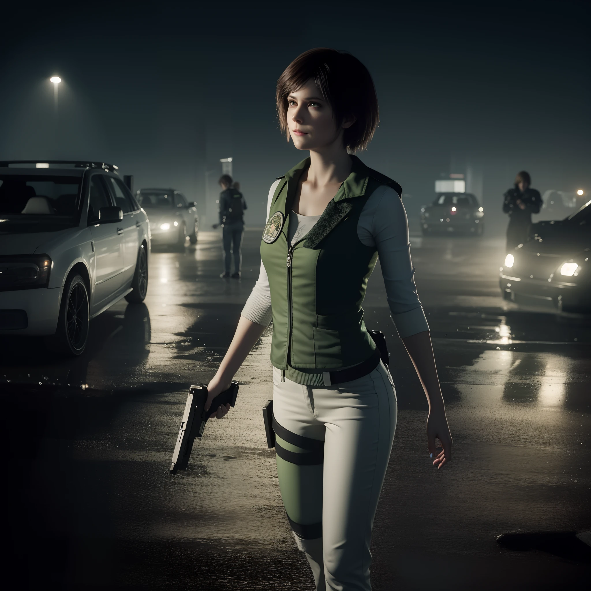 Rebecca Chambers, beautiful face, bob hair, perfect Face, wearing green vest with white pants,  nail polish, Look straight, glare, little smile