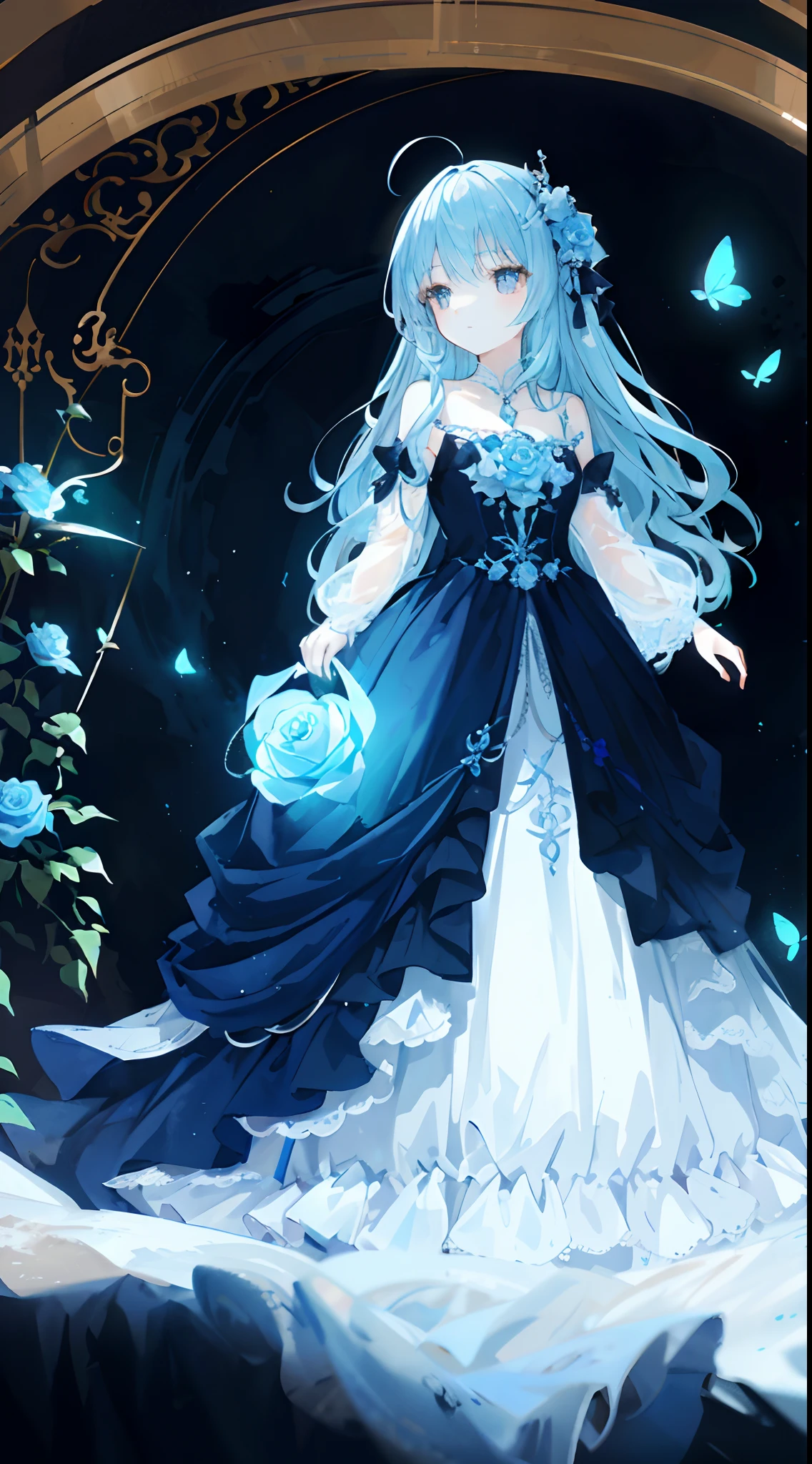 (Masterpiece), (Best quality), (1 girl)), Amazing, Beautiful detail eyes, Fine details, Depth of field, Original, ((Best quality)), ((Super detailed)), (Best Illustration), (BEST lighting, Best shadow), (Very delicate and beautiful)), Very detailed wallpaper, Dream background, landscape, young girl, Loli, full bodyesbian, Single, Petite, Gothic, Sapphire eyes, long and flowing hair,Paired with half a sapphire, ahoge, Wavy shoulder-length sapphire hair, Sapphire hair accessories , Blue rose
