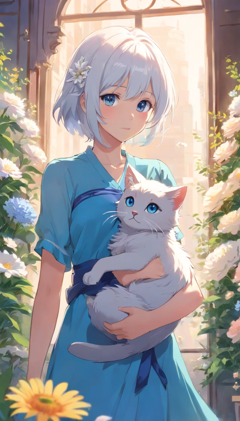 White-haired, cross-headed woman in a blue dress holding a gray flower cat in her hands