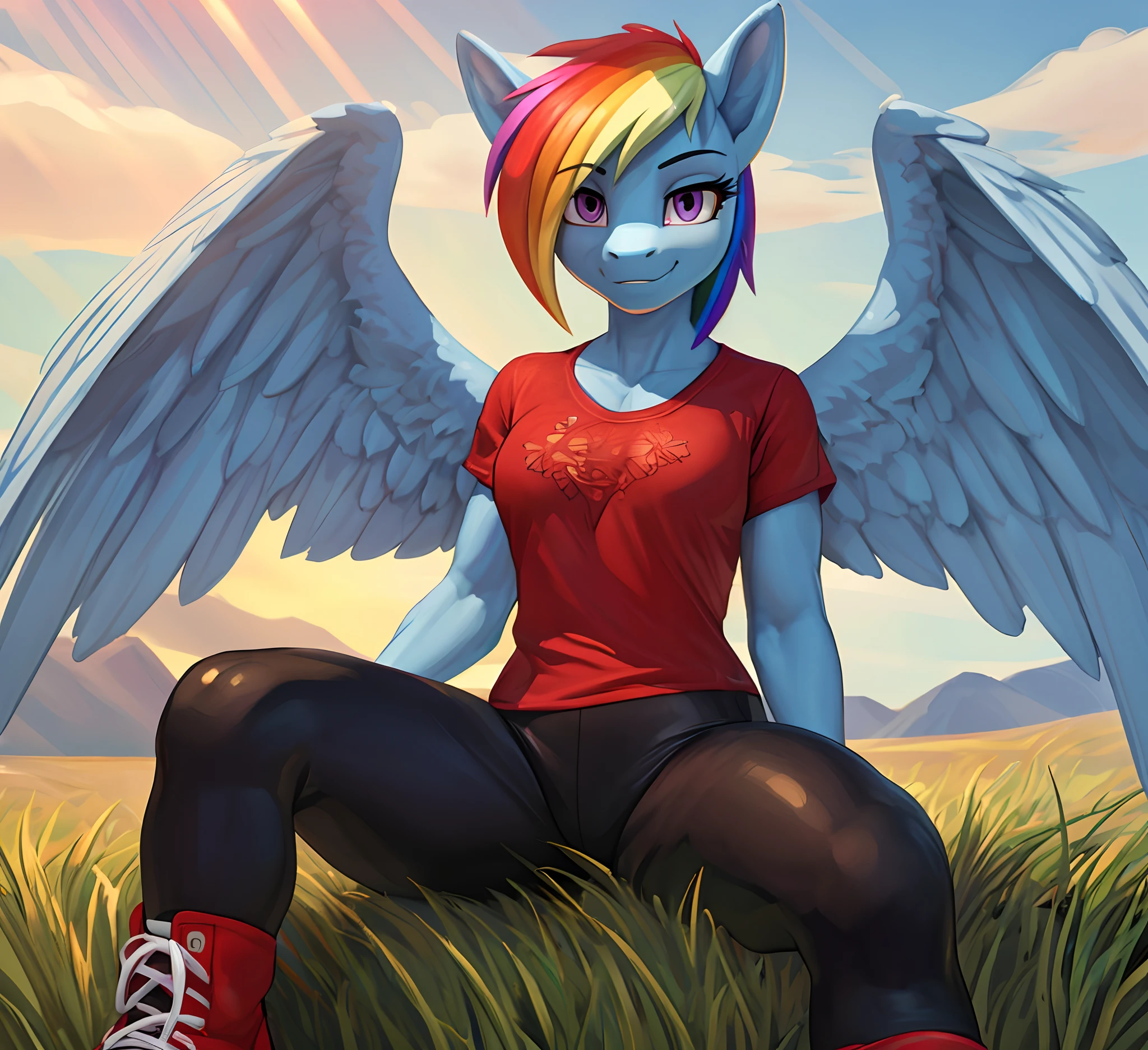 [rainbow dash], [Uploaded to e621.net; (siden), (Pixelsketcher), (mayosplash), (wamudraws)], ((masterpiece)), ((HD)), ((solo portrait)), ((full body)), ((front view)), ((furry; anthro)), ((detailed fur)), ((detailed shading)), ((beautiful render art)),  ((intricate details)), {anthro horse; (slim figure), (light-blue fur), (cute magenta eyes), horse snout, (long rainbow-colored hair), (light-blue pegasus wings), (gorgeous hips), (defined muscles), (smug smirk)}, {(red tee shirt), (short sleeves), (black spandex yoga pants), (red converse sneakers)}, {(sitting), (leaning over), (legs spread open), (hands in lap), (looking at viewer)}, [background; (grass plains), (rainbow in background), (clouds), (blue sky), (sun rays)]