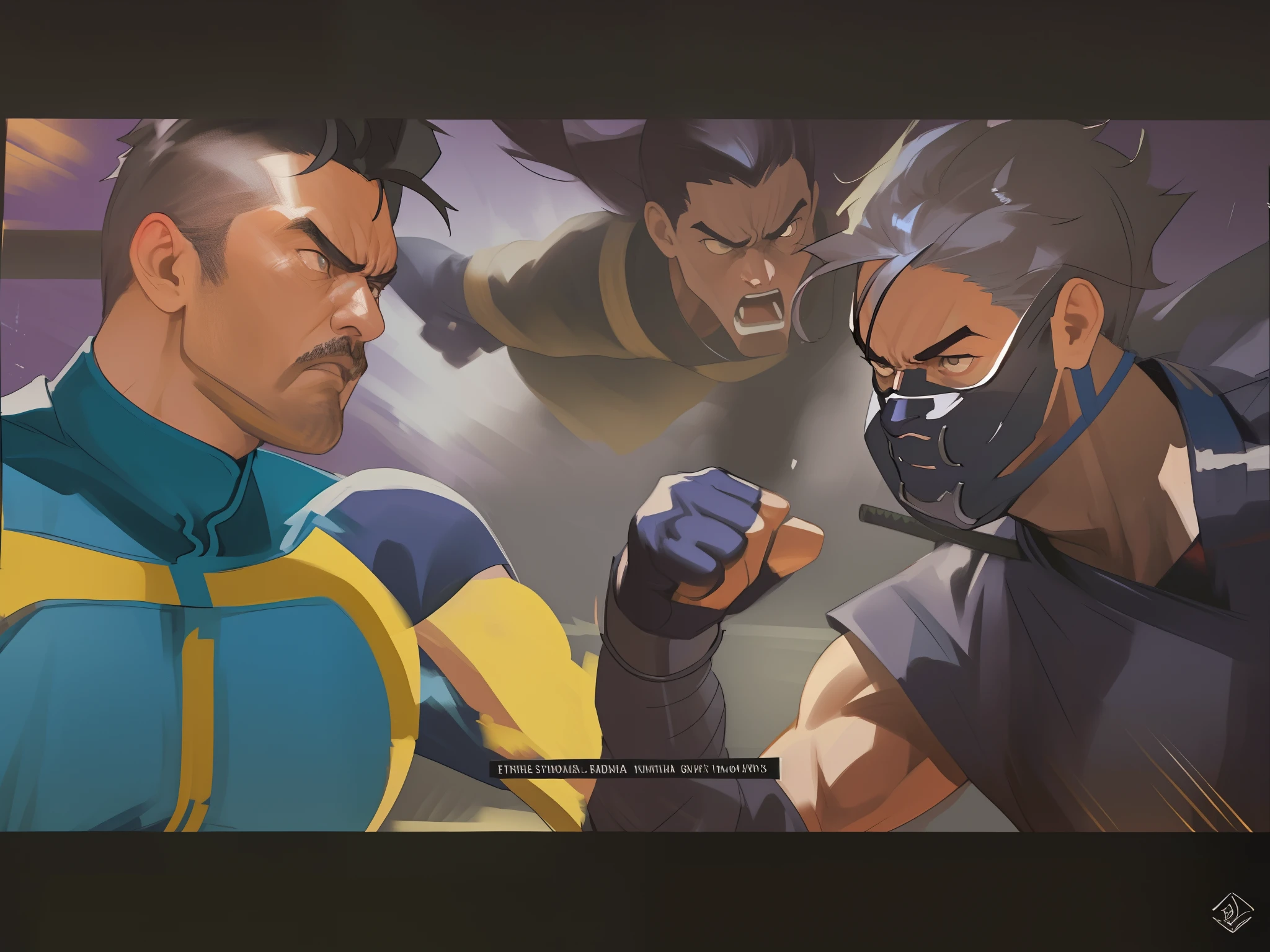 A ninja battling a strong man with a cape, (best quality, highres, ultra-detailed), dramatic lighting, realistic martial arts, intense action, dynamic poses, katana sword, powerful blows, agile movements, martial arts techniques, athletic physique, intense facial expressions, detailed cape, dark shadows, vivid colors, epic showdown, intense energy, high-contrast imagery, fight scene, fast-paced action, dramatic backdrops, powerful kicks, acrobatic flips, ninja stealth, strong and imposing presence