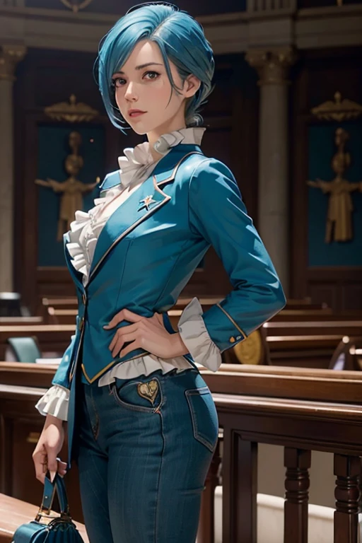 Franziska Von Karma ((Phoenix Wright : ace attorney)) in a justice Hall, Lawyer, 30 ans, Cyan Blue Hair, Puffy clothes, Clothing with ruffles, Wear a blue pant ,Use a Whip, Cyan blue clothes, , Regard strict, Stern look. (Best quality:1.1), (Masterpiece:1.4), (cheveux volumineux)+ , cheveux courts, Squared Chheveux (Yeux verts) Petits seins, (small lips ) +