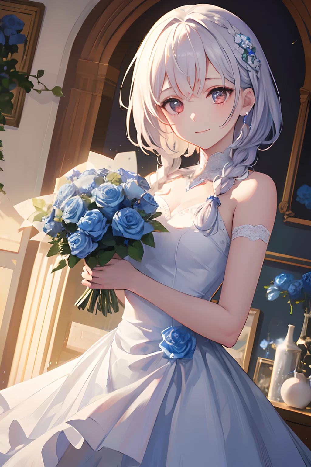 Anime girl in a blue dress holding a bouquet of flowers - SeaArt AI