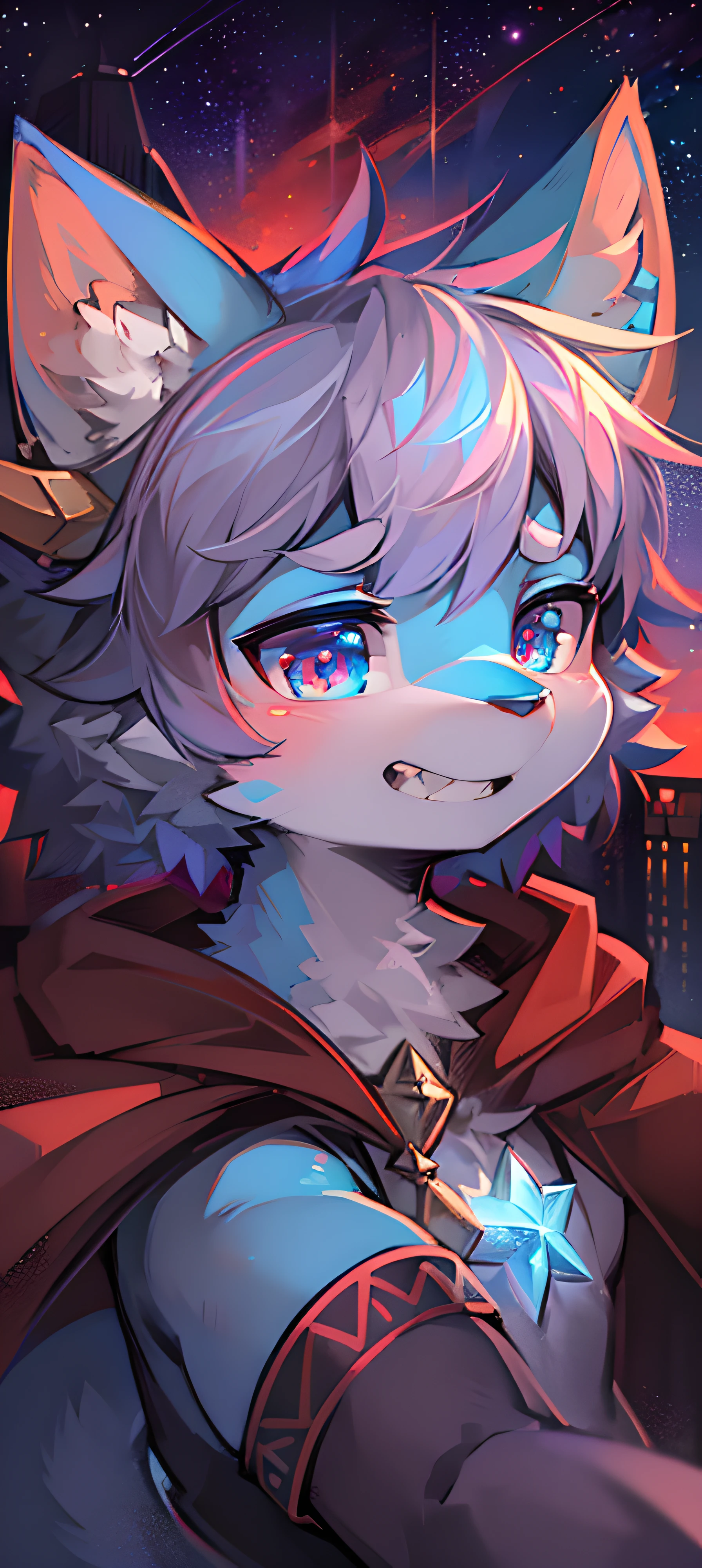 Bright environment, high quality, (toddler, dragon, neutral, animal: 1.4), absurd res, digital painting \ (artwork), (dragon, fluffy fur, character focus: 1.3), short hair, portrait, bright eyes, left eye red, right eye blue, (short dragon horn: 1.3), panorama, (character focus: 1.3). (detailed background: 0.9), solo, furry, furry neutral, neutral focus, standing, (full body fur, furry tail, red and blue fur, red and blue eyes, gray hair: 1.3), (small wings: 1.5), (long canine teeth: 1.0), king, (red cloak: 1.1) (towers of god, blue towers, violet, blue, red, god, red sky, violet sky, starry sky, stars, starry towers, starry god, light blue, civilization, order:1.3), (magic array: 1.5), (magic particles, magic: 1.3), (face details, hand details, foot details, ear details: 1.1), better movements, High cold