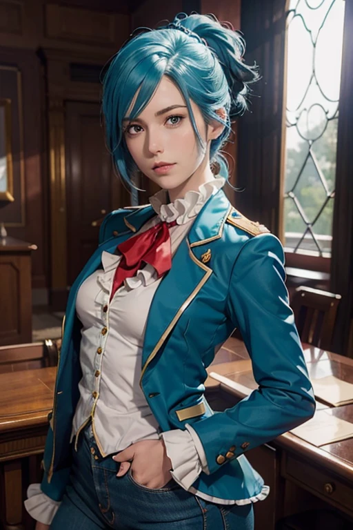 Franziska Von Karma ((Phoenix Wright : ace attorney)) in a justice Hall, Lawyer, 30 ans, Cyan Blue Hair, Puffy clothes, Clothing with ruffles, Wear a blue pant ,Use a Whip, Cyan blue clothes, , Regard strict, Stern look. (Best quality:1.1), (Masterpiece:1.4), (cheveux volumineux)+ , cheveux courts, Squared Chheveux (Yeux verts) Petits seins, (small lips ) + pose dynamique ,