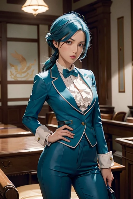 Franziska Von Karma ((Phoenix Wright : ace attorney)) in a justice Hall, Lawyer, 30 ans, Cyan Blue Hair, Puffy clothes, Clothing with ruffles, Wear a blue pant ,Use a Whip, Cyan blue clothes, , Regard strict, Stern look. (Best quality:1.1), (Masterpiece:1.4), (cheveux volumineux)+ , cheveux courts, Squared Chheveux (Yeux verts) Petits seins, (small lips ) + pose dynamique ,