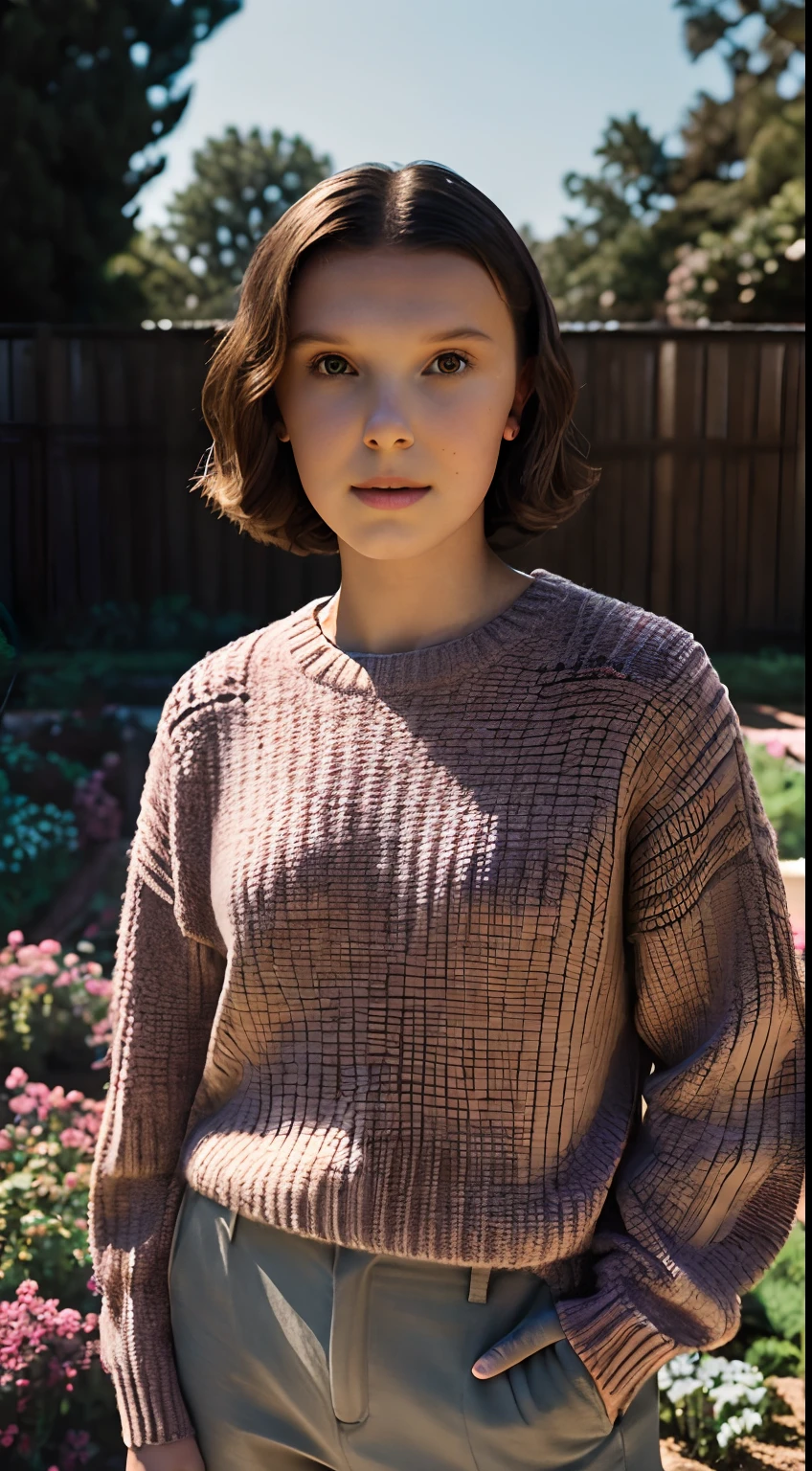 mbb, millie bobby brown, portrait of American girl, happy, wearing sweater , with Bob , seduce pose, background garden epic (photo, studio lighting, soft light, sony a7, 50 mm, matte skin, pores, colors, hyperdetailed, hyperrealistic),