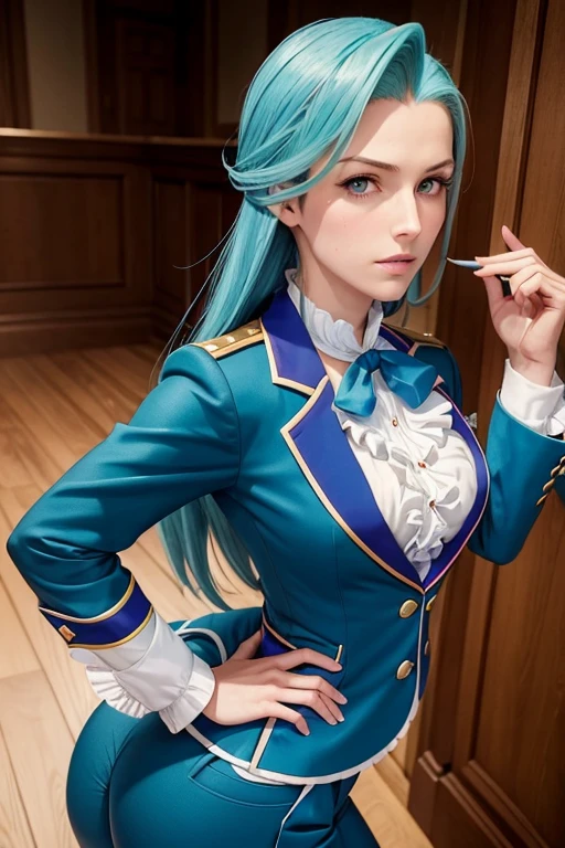 Franziska Von Karma ((Phoenix Wright : ace attorney)) in a justice Hall, Lawyer, 30 ans, Cyan Blue Hair, Puffy clothes, Clothing with ruffles, Wear a blue pant ,Use a Whip, Cyan blue clothes, , Regard strict, Stern look. (Best quality:1.1), (Masterpiece:1.4), (cheveux volumineux)+ , cheveux courts, Squared Chheveux (Yeux verts) Petits seins, (small lips ) + pose dynamique ,