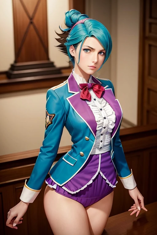 Franziska Von Karma ((Phoenix Wright : ace attorney)) in a justice Hall, Lawyer, 30 ans, Cyan Blue Hair, Puffy clothes, Clothing with ruffles, Wear a blue pant ,Use a Whip, Cyan blue clothes, , Regard strict, Stern look. (Best quality:1.1), (Masterpiece:1.4), (cheveux volumineux)+ , cheveux courts, Squared Chheveux (Yeux verts) Petits seins, (small lips ) + pose dynamique ,