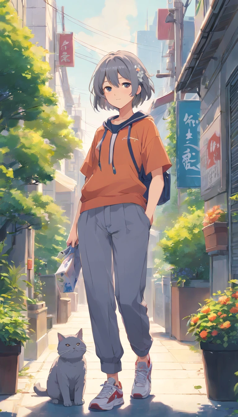 Gray hair, woman with a crossed head, mother, wearing clothes, pants, sneakers, full body front, holding a gray flower cat in her hand