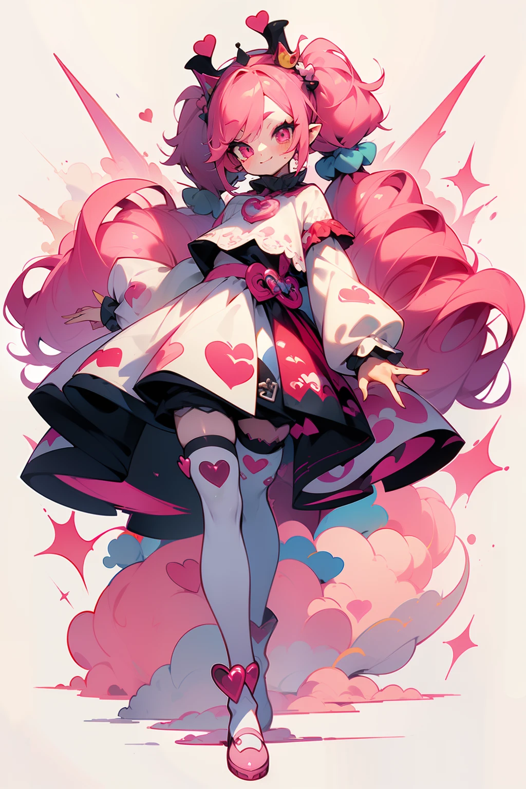 crazy cloud haired girl, pink hair, full body picture, pink eyes, heart shaped pupils, insane smile, blood splatter, 1GIRL, insane girl in long pink hair, crown, princess bubblegum style, finely detailed, (best quality), (intricate details), cute style, loli, jester style, multicolored, ((long pink messiest hair in pigtails)), best quality, ((long sleeve shirt and shorts)), ((red and white clothes)), ((jester style clothes)), ((thigh high socks)), ((round eyes)), ((has jester makeup)), beautiful face, happy, cute face, pinup, perfect face, simple background portrait, clowh hear cards, bubble gums