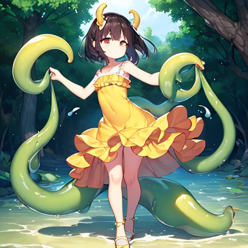 ((NSFW100))、(((full body seen)))、(((Small))), (((Tall adult woman)))、(((short dark hair))), ((pale purple eyes))、((She wears an orange school swimsuit made of slimy orange tentacles and a white frilly apron.。.。...))、(Mucus and slimy skin)、((Surprised expression))、(The legs are made of slimy tentacles)、(The arms are made of slimy tentacles)、(Hanging from a tree with a tentacle tail)、gazing into distance、On the thighs there is a ring of slimy tentacles., Hide the slimy crotch with tentacles