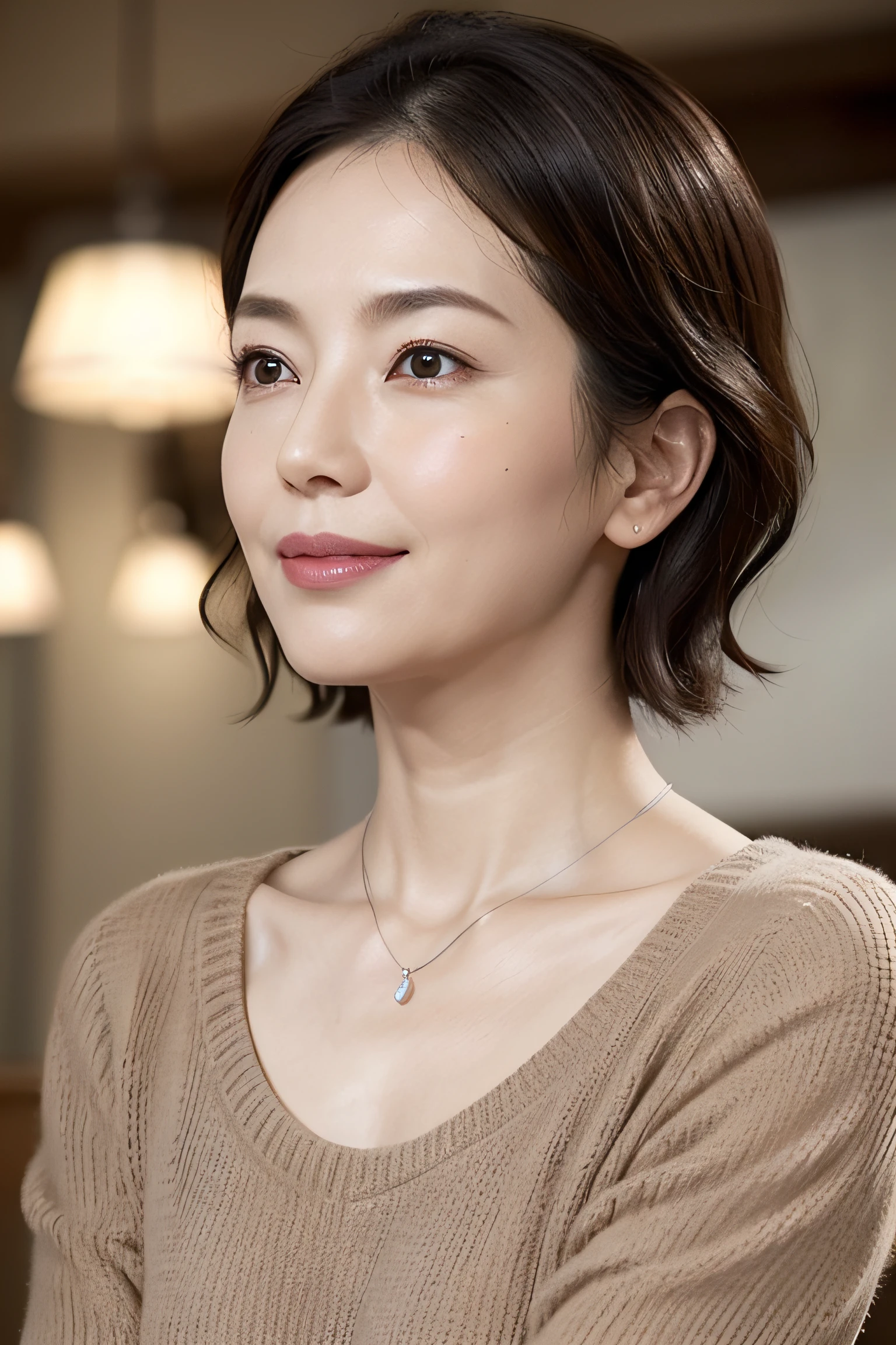 (8K, top-quality, masterpiece:1.3, 超A high resolution, A hyper-realistic), High Detail, (Face like the real thing), Photorealsitic, Raw foto, ((one beautiful women)), Detailed face, beautidful eyes, realisticeyes, Eyes in Beautiful Details, (real looking skin), Beautiful skins, enticing, depth of fields, hight resolution, High pixel count, ((Sideways face, Looking away, Don't look your audience in the eye, Don't look at the camera)), fashionable cafe, The background is also in the picture, clear details, sharp photo, Natural color reproduction, Noise Reduction, High fidelity, Small pendant in silver color, A small necklace in silver color, (Wine-colored light knit U-neck shirt, Neat and clean clothing, Clothing that makes it difficult to see the chest, Clothing that makes it difficult to see the chest, Clothes with hidden breasts), small tits, Sexy lips, Ears are visible, a smile, kindly smile, Beautiful skins, enticing, the golden ratio, (Detal Face:1.2), profetional lighting, Lighting the face, best light, japanes, A Japanese Lady, Japan Mature Woman, a matural female, Short Bob Hair, ((sixty years old, Beautiful, Wrinkles on the face, Wrinkles at the corners of the eyes, Nasolabial fold wrinkles, Small wrinkles, Beautiful, Beautiful Aunt, Moderate moles, Small mole on the face)), The whole picture, Overall photo, Photo from the waist up