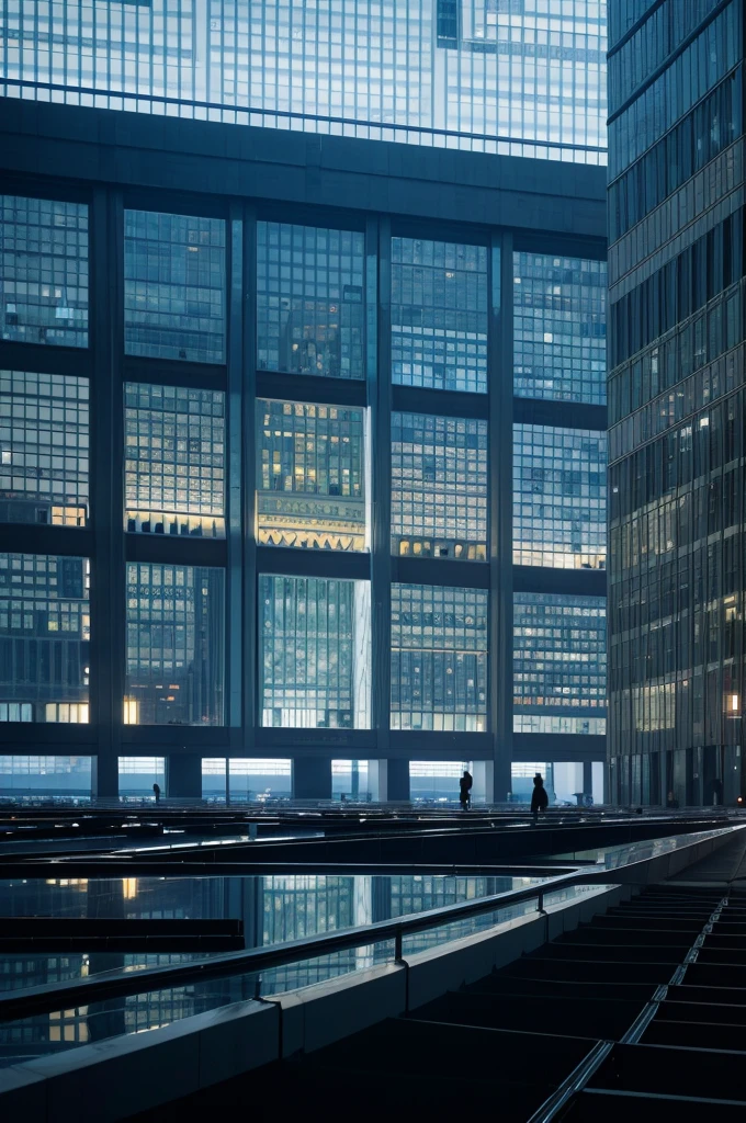 Arafed image of a building，Many windows are illuminated at night, inspired by Andreas Gursky, author：Andreas Gursky, Other Gursky, Lots of windows, pale . Millions of glass walls, Many windows, endless empty office building, people at work, many large windows, Unique monumental architectural focus, Lots of floors,
