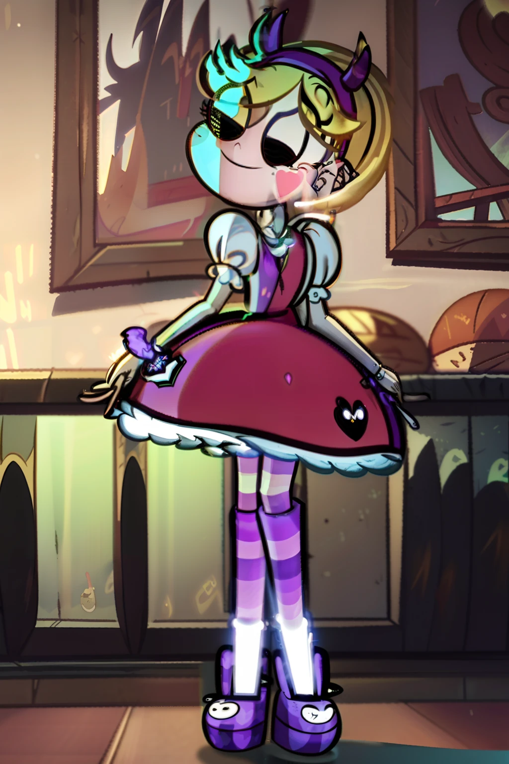masterpiece, best quality, headpatpov, first person, headpat, badmella, 1girl, solo, ponytail on the side, black sclera, purple eyes, glowing eyes, smug, smug smile, staff, magic, purple fire, standing, bottom, looking at the viewer, night, castle, tower, big chest, big ass, big hips