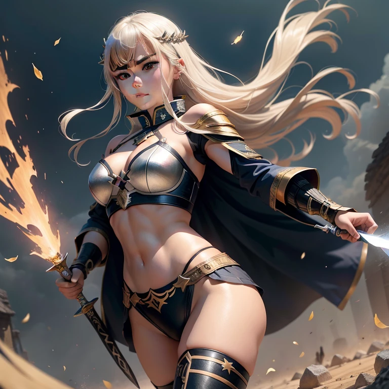 "General Eldon Luo Huan Broken Star,In the fierce battle of the Valkyries,Sand and gravel fly,smoke-filled,Swords interlaced,The burly Valkyrie leaps into the air。",Valkyrie was stabbed in the navel with a knife
