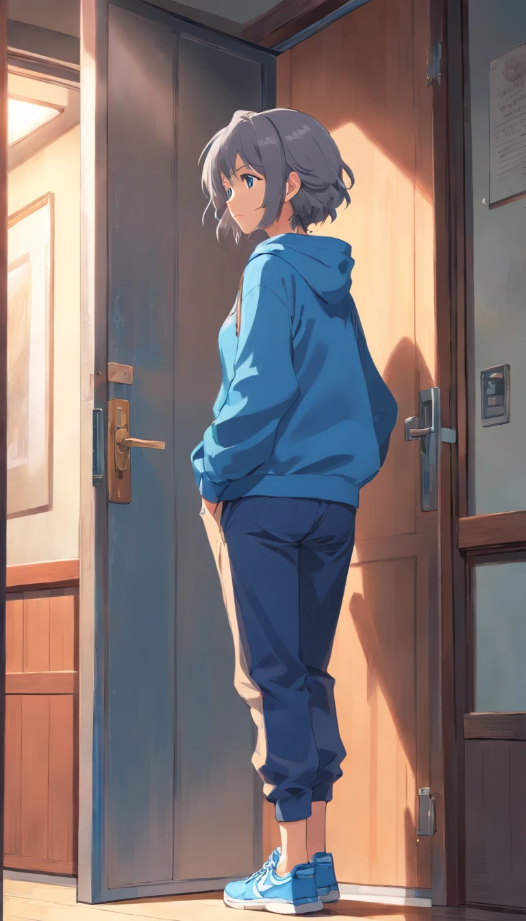 Gray hair, cross-headed woman, mother, wearing blue clothes, light brown pants, sneakers, full body side, is opening the door