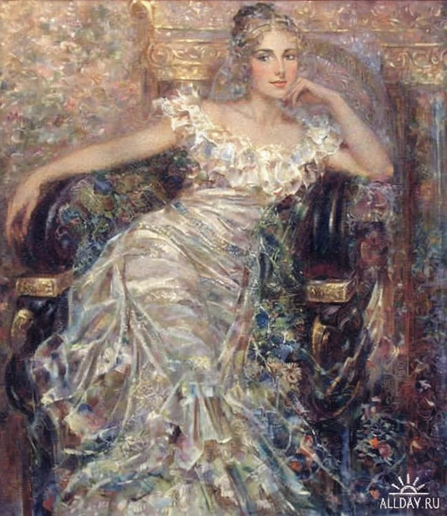 Painting depicting a woman in a dress, sitting on a chair, Gaetano Previati, based on Konstantin Makovsky, Mikhail Vrubel, Lois Royo Style, inspired by Gaetano Previati, inspired by Vladimir Makovsky, Louis Royo, inspired by Mikhail Vrubel, based on Vlady Kibalchich Rusakov
