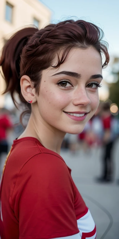 Photo of a 15-year-old European girl, .RAW, beautiful woman, (Light brown hair with ponytail hairstyle ), peinado de cola de caballo ((retrato)), ((Cara detallada:1.2)), ((Detailed facial features)), (Piel finamente detallada), Pale skin , con pecas en mejillas ,parque, Noria de Londres、uniforme de porristas color blanco y rojo 、senos medianos , gran sonrisa (cool color), humid, humid, Reflectores, (Masutepiece) (proporciones perfectas)(fotos realistas)(La mejor calidad) (Detallado) fotografiado con una EOS R5 de Canon, Lente de 50 mm, f/2.8, NffSW, (8k) (papel tapiz) (cinematic lighting) (Dramatic lighting) (foco nítido) (Enrevesado) , parque , cuerpo completo, hermoso cuerpo de mujer , corriendo hacia la camara , uniforme de porrista , poniendo las manos sobre la cadera