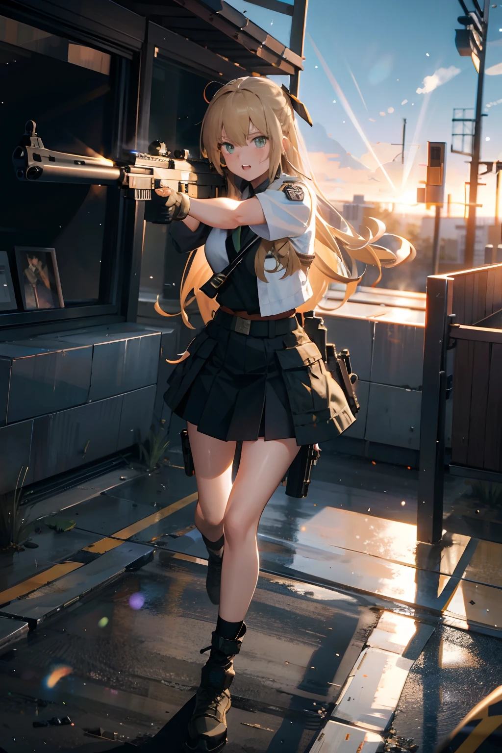 {{Masterpiece, top quality, highly detailed CG, unified 8k wallpaper, movie lighting, lens flare}}, girl shooting rifle, wide view, full body, thick body, long blond hair, green eyes, (holding a weapon, holding a rifle, aiming, aiming: 1.4), gun, h&k hk416, carbine, open fire, firing, (1 girl soldier aiming a huge rifle), 24 years old, teeth out, special forces, from above, knee shooting,