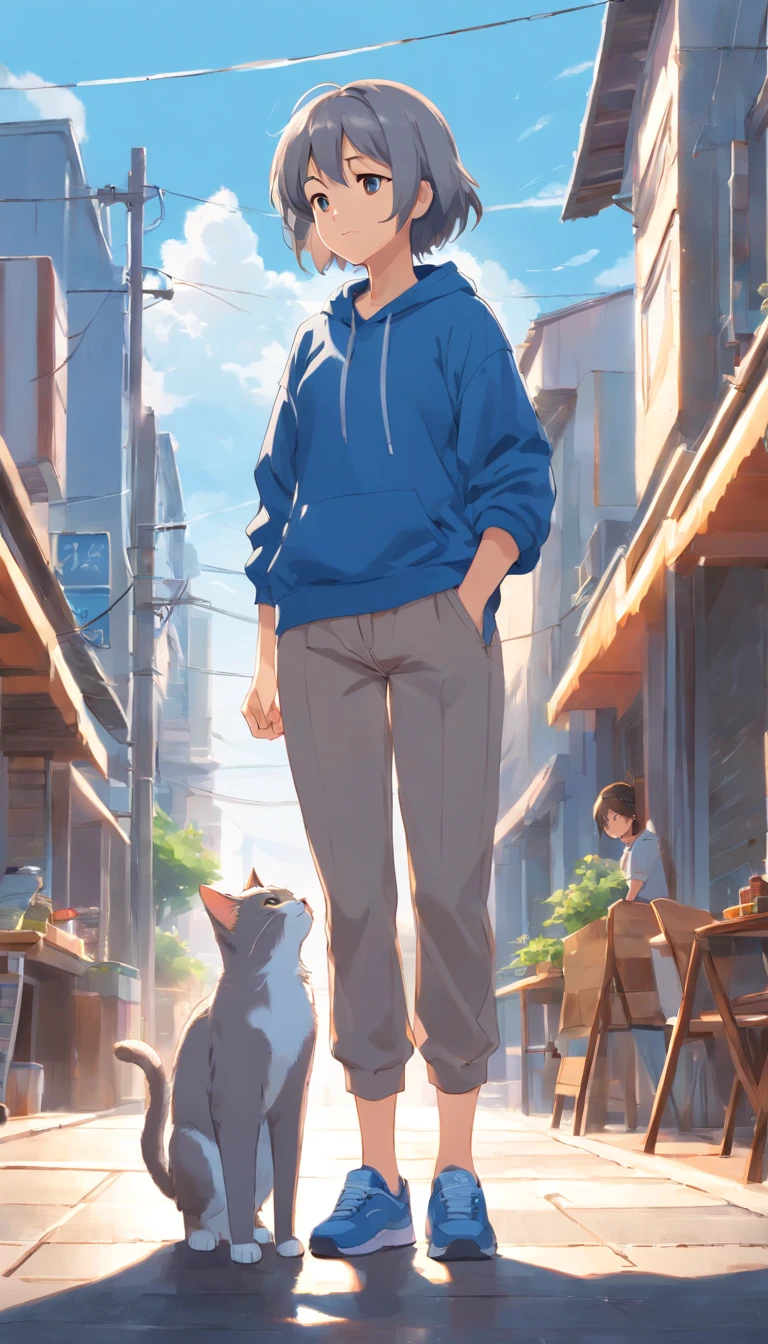 Gray hair, woman with a crossed head, mom, wearing blue clothes, light brown pants, sneakers, full body side, feeding cat