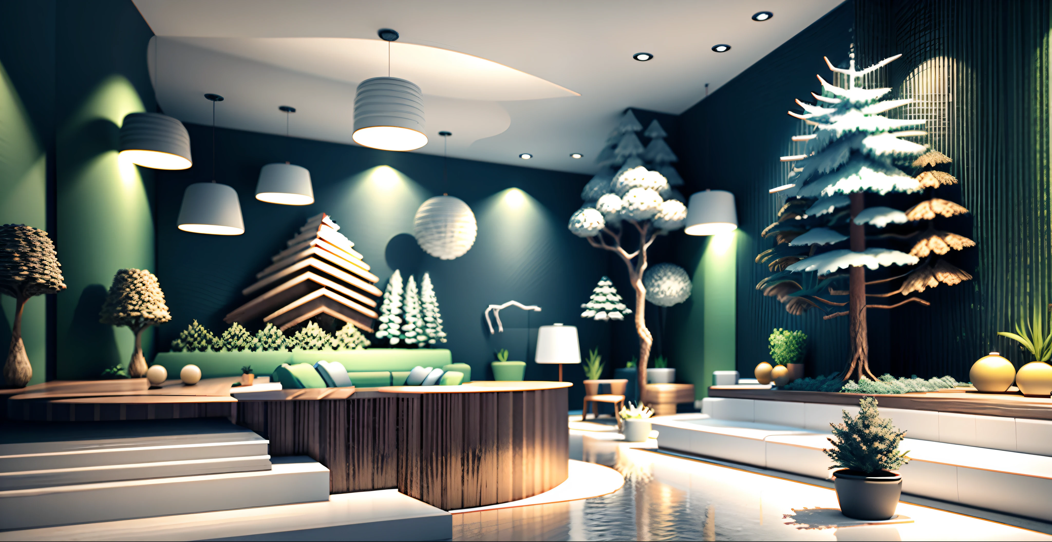 Interior renderings of playground outlet store,Forest elements、Decorative elements of the waves,Planet aperture, ambient occlusion render, ambient occlusion render, conceptual drawing, Complex detailed environment, raytraced 3d set design, detailed and complex environment, backside of scenography elements, strong ambient occlusion, Environmental occlusion, ambient oclusion, Environmental occlusion:3