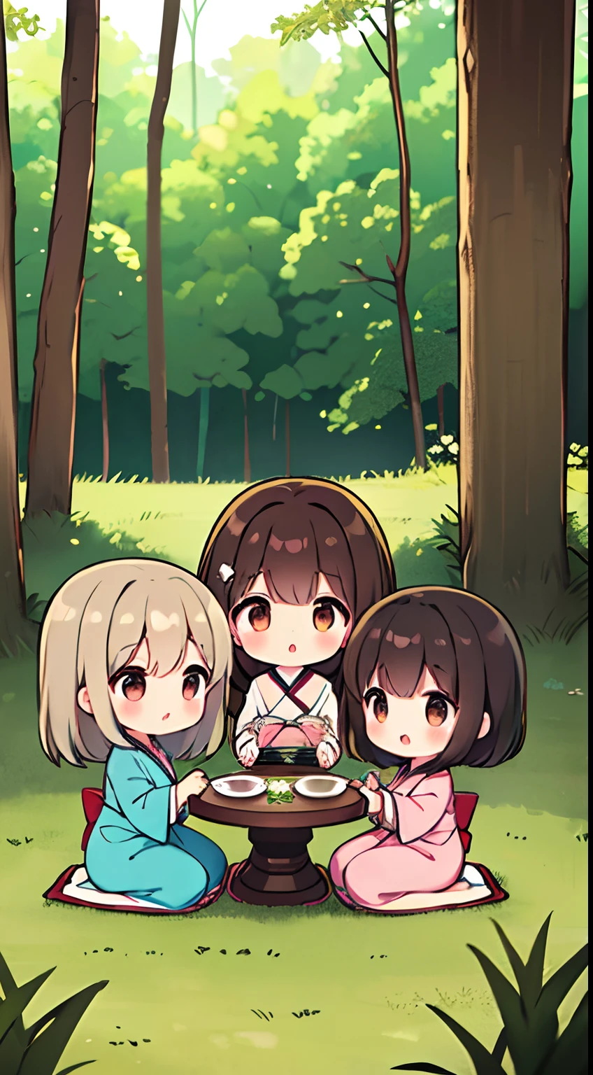 (Tea ceremony in the forest), (Half-ring clothing), (Three Girls,), Pastel colors, crayon (Medium) (Model), Brown hair, Black hair, Brown eyes, Cute Girl, Chibi,