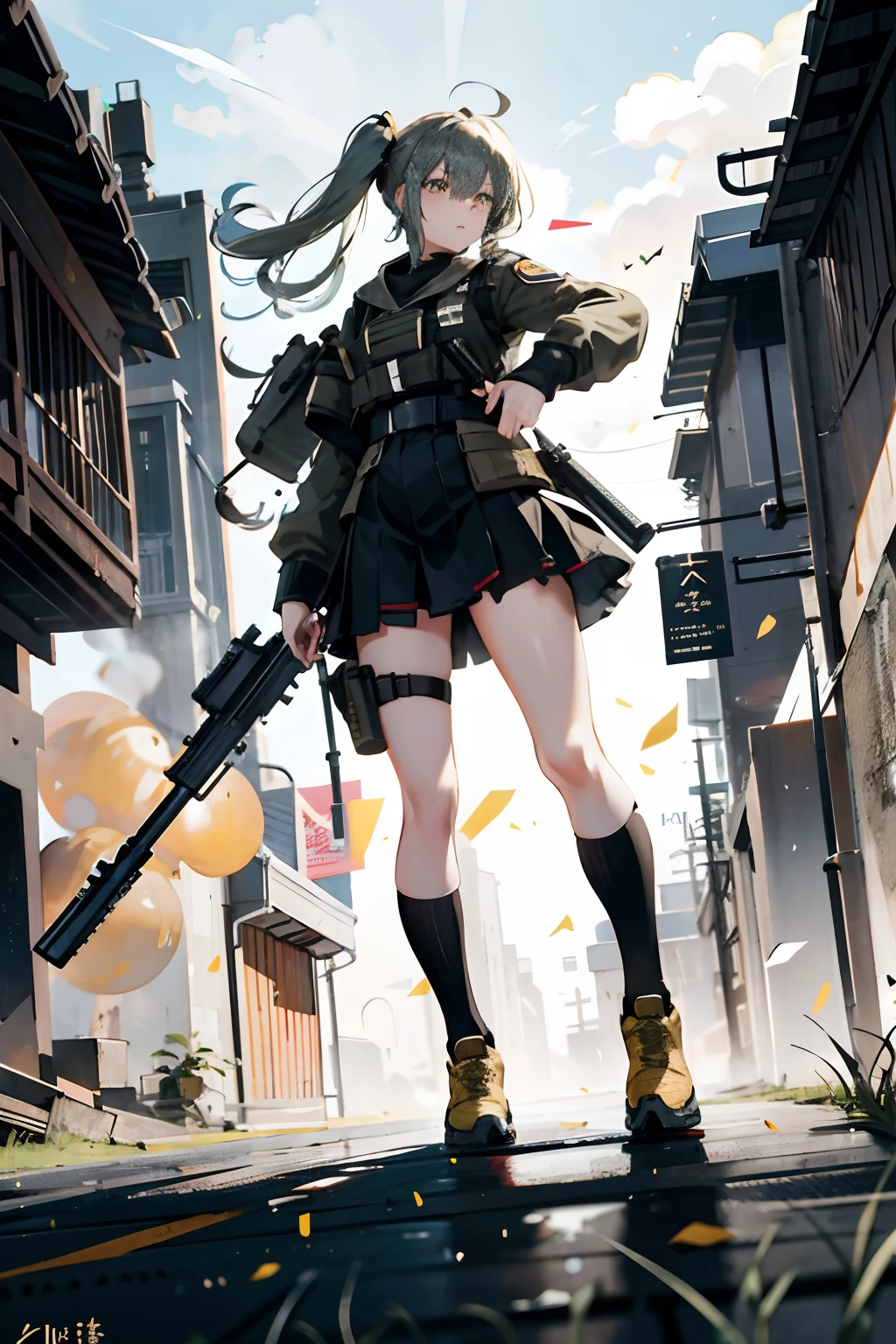 {{Masterpiece, top quality, highly detailed CG, unified 8k wallpaper, movie lighting, lens flare}}, girl shooting rifle, wide view, full body, thick body, long blond hair, green eyes, (holding a weapon, holding a rifle, aiming, aiming: 1.4), gun, h&k hk416, carbine, open fire, firing, (1 girl soldier aiming a huge rifle), 24 years old, teeth out, special forces, from above, knee shooting,