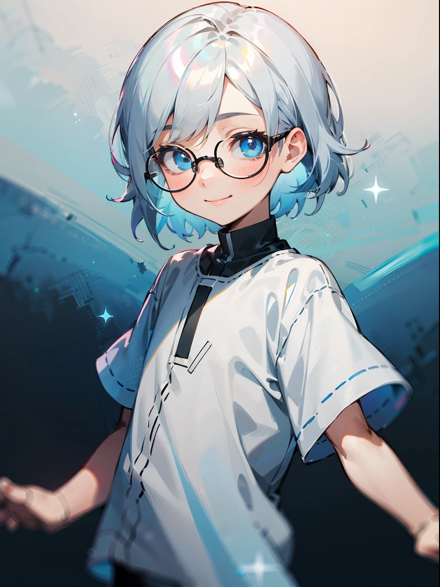 Male , Black glasses,blue eyess,Cowboy Shots,A smile, silber hair，Daytime，Iridescent background，