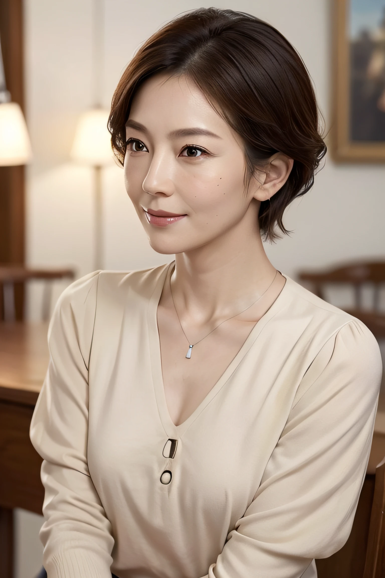 (8K, top-quality, ​masterpiece:1.3, 超A high resolution, A hyper-realistic), High Detail, (Face like the real thing), Photorealsitic, Raw foto, ((one beautiful women)), Detailed face, beautidful eyes, realisticeyes, Eyes in Beautiful Details, (real looking skin), Beautiful skins, enticing, depth of fields, hight resolution, High pixel count, ((Sideways face, Looking away, Don't look your audience in the eye, Don't look at the camera)), fashionable cafe, The background is also in the picture, clear details, sharp photo, Natural color reproduction, Noise Reduction, High fidelity, Small pendant in silver color, A small necklace in silver color, (Wine-colored light knit U-neck shirt, Neat and clean clothing, Clothing that makes it difficult to see the chest, Clothing that makes it difficult to see the chest, Clothes with hidden breasts), small tits, Sexy lips, Ears are visible, a smile, kindly smile, Beautiful skins, enticing, the golden ratio, (Detal Face:1.2), profetional lighting, Lighting the face, best light, japanes, A Japanese Lady, Japan Mature Woman, a matural female, Short Bob Hair, ((sixty years old, Beautiful, Wrinkles on the face, Wrinkles at the corners of the eyes, Nasolabial fold wrinkles, Small wrinkles, Beautiful, Beautiful Aunt, Moderate moles, Small mole on the face)), The whole picture, Overall photo, Photo from the waist up