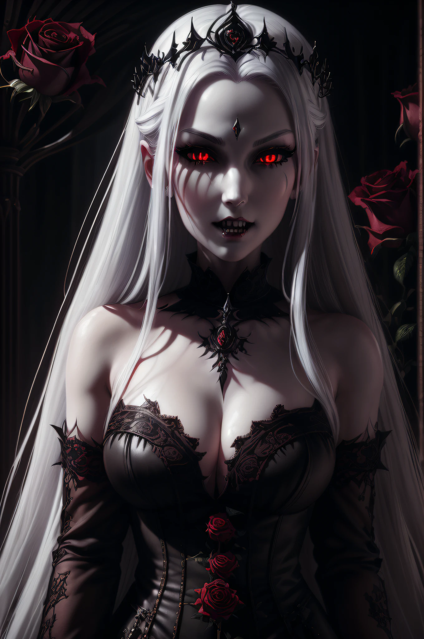 Best quality, Official art, extremely detailed, High resolution, (very detailed CG Unity 8K wallpapers:1.3), Vampire Princess, gothic style, roses in hair, long white hair, 1Girl, white skin, red eyes, sharp fangs, supernatural beauty, 8k resolution, gothic castle