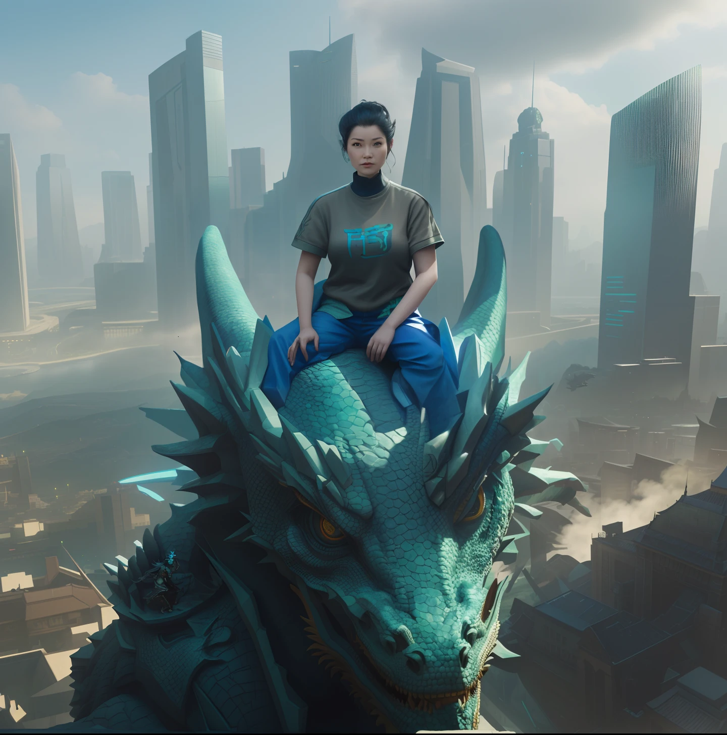 there is a woman sitting on a dragon statue in the middle of a future city, dragon in the background, dragon flying in the background, epic dragon, with robot dragon head, riding a dragon, by Ren Renfa, with a city in the background, inspired by Abidin Dino, fat dragon with rider, hyper realistic fantasy monster, epic vfx shot