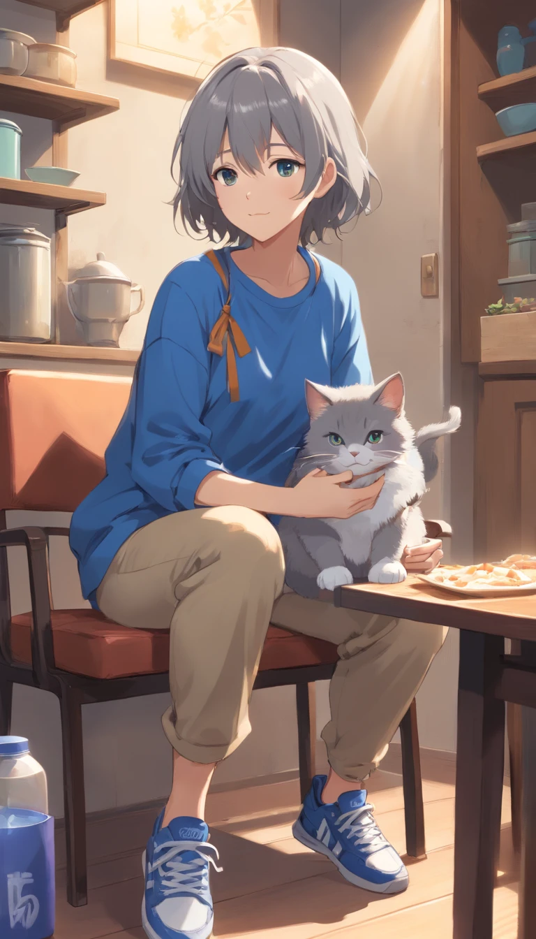 Gray hair, cross-headed woman, mom, wearing blue clothes, light brown pants, sneakers, full body, sitting on a chair, feeding the cat
U