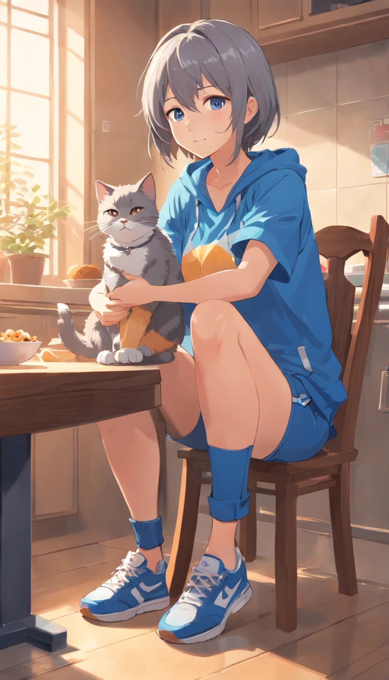 Gray hair, cross-headed woman, mom, wearing blue clothes, light brown pants, sneakers, full body, sitting on a chair, feeding the cat

U