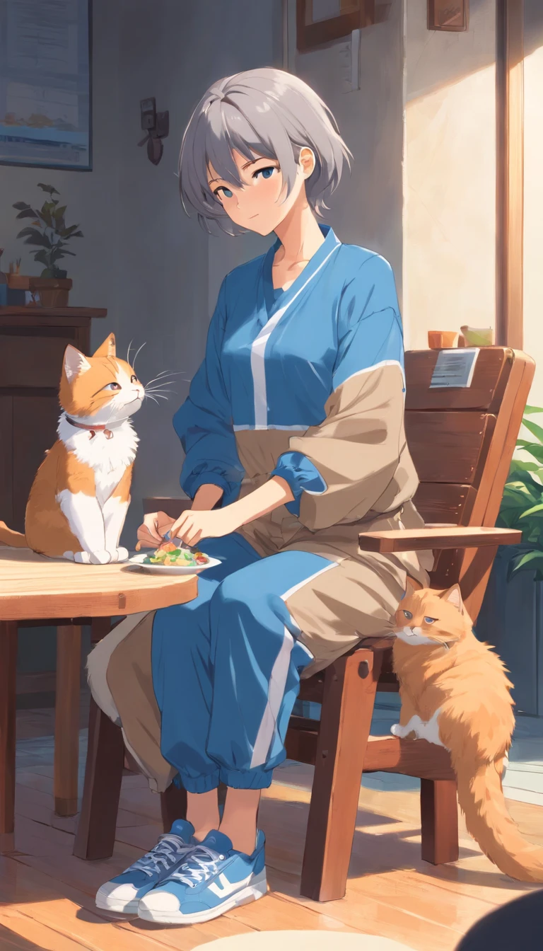 Gray hair, cross-headed woman, mom, wearing blue clothes, light brown pants, sneakers, full body, sitting on a chair, feeding the cat
U