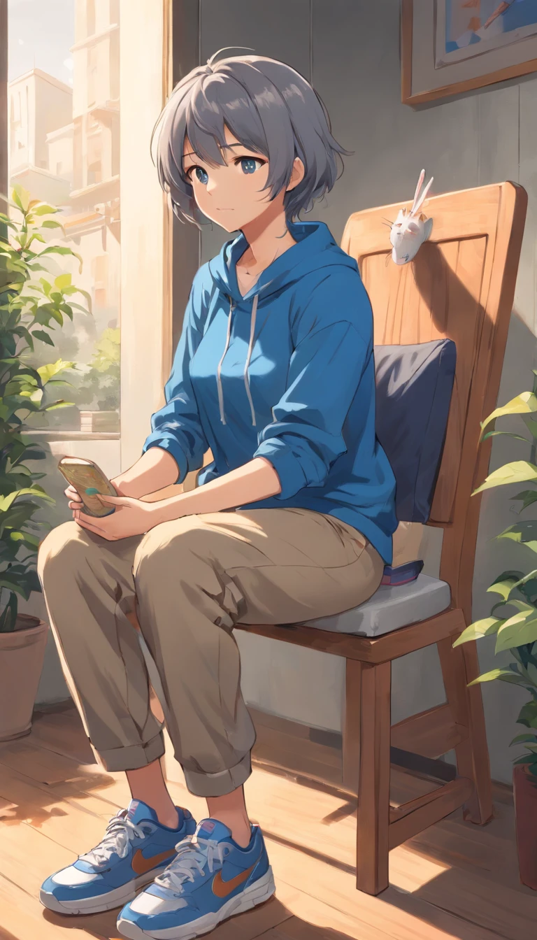 Gray hair, cross-headed woman, mom, wearing blue clothes, light brown pants, sneakers, full body, sitting on a chair, feeding the cat