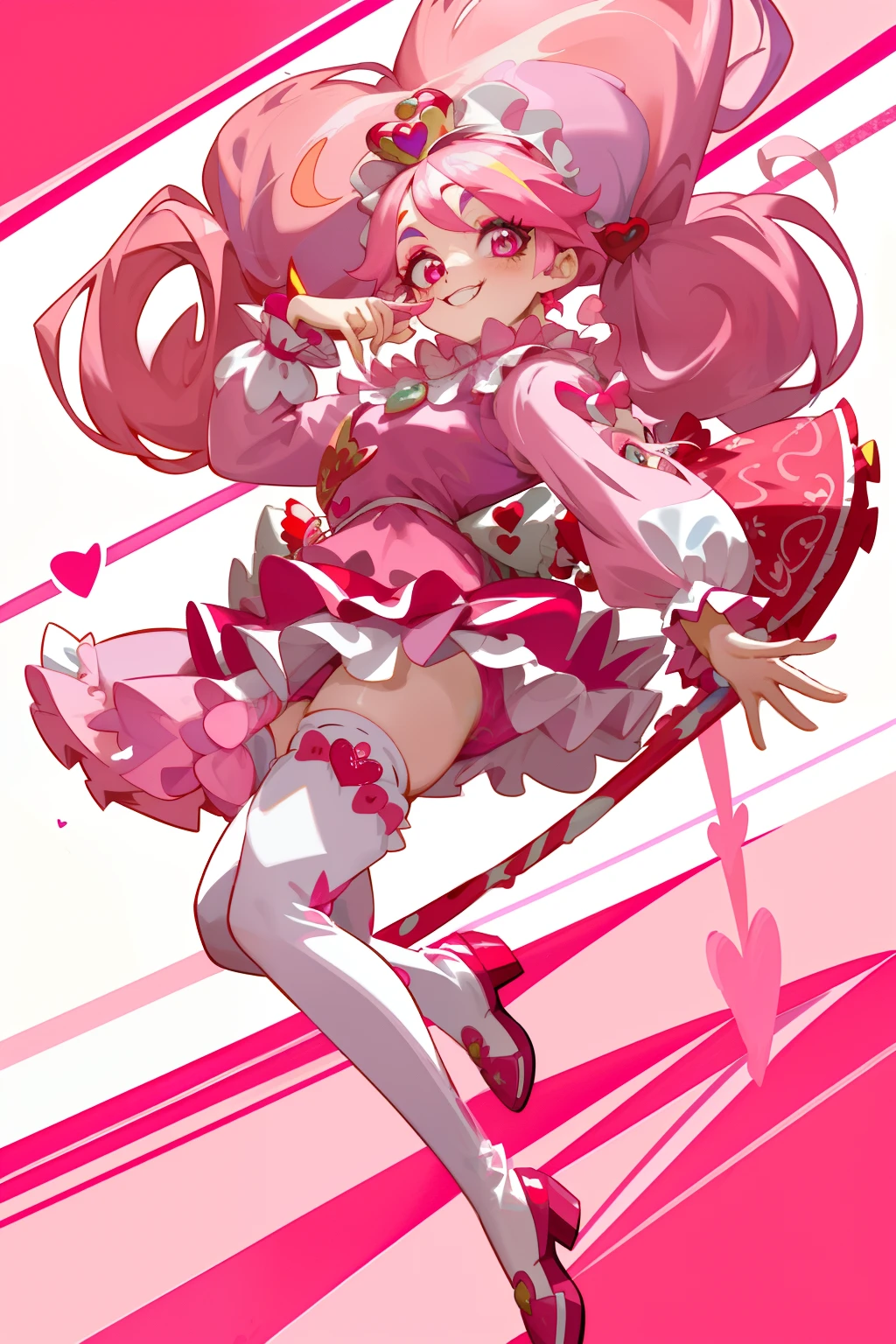 Crazy, girl, long hair, curly hair, pink hair, full body picture, pink eyes, heart shaped pupils, insane smile, blood splatter, 1GIRL, insane girl in long pink hair, crown, princess bubblegum style, finely detailed, (best quality), (intricate details), cute style, , jester style, multicolored, ((long pink messiest hair in pigtails)), best quality, ((long sleeve shirt and shorts)), ((red and white clothes)), ((jester style clothes)), ((thigh high socks)), ((round eyes)), ((has jester makeup)), beautiful face, happy, cute face, pinup, perfect face, simple background portrait, clowh hear cards, bubble gums