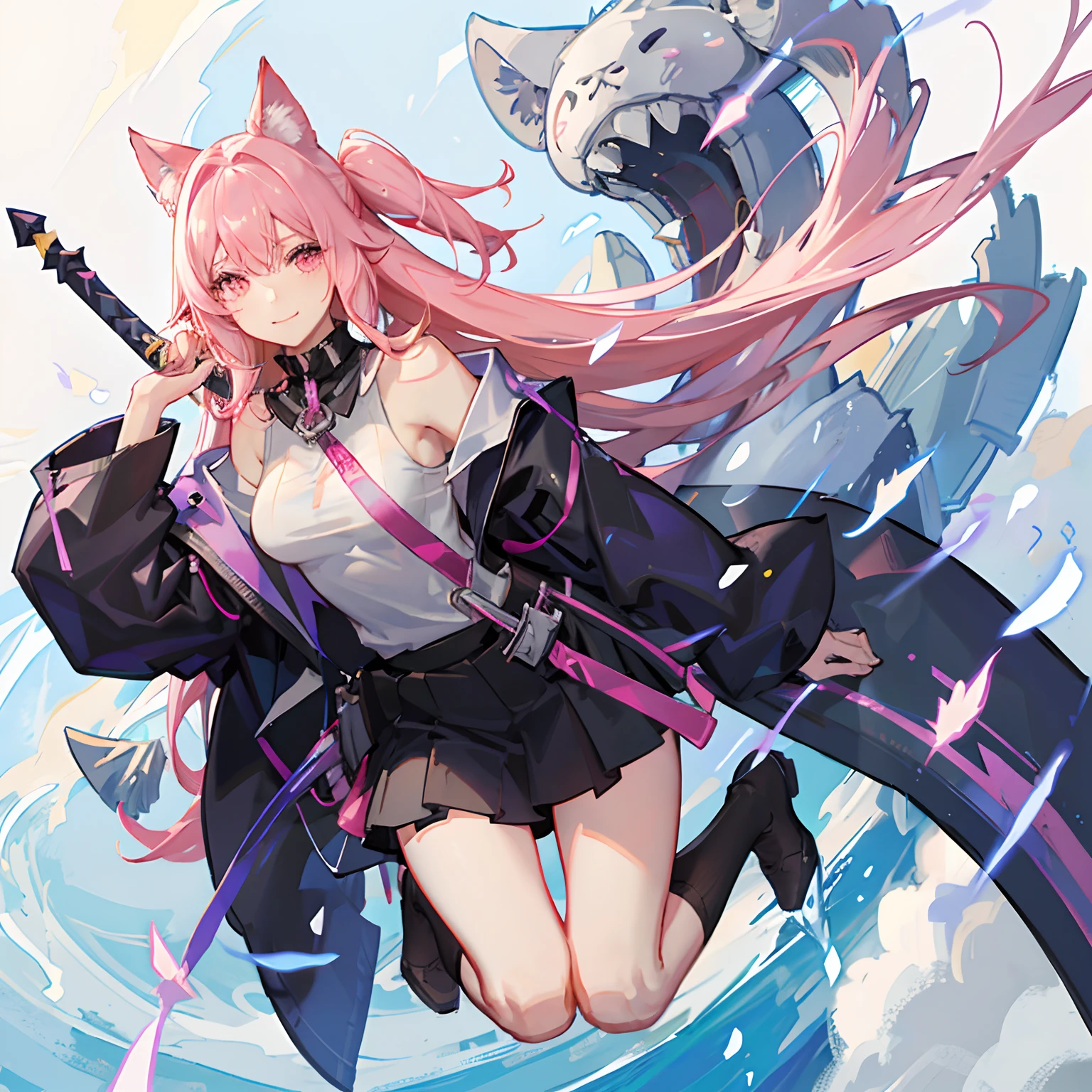 "anime girl, 1 person, pink hair, pink cat ears, pink eyes, t-shirt, white t-shirt, black women's open-shoulder jacket, black miniskirt, big breasts, has twin takana swords on her back, takana swords, There are ice crystals flying around behind, blushing, smiling triumphantly, solo, looking straight, standing cross-legged. (full HD 4K+ image)"