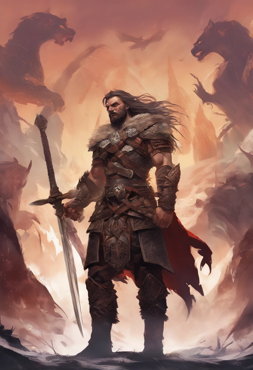 Tall savage warrior man, Boar-themed, Detailed Armor, Old Engraved Leather Cuirass, Intricate design of the torso armor, Intricate carvings of torso armor, hali々and a powerful stance, fierce look, Red wild mane braided hair and beard, Dynamic Pose, intense battle scene, fantasy setting, Vibrant colors, Dramatic Lighting, epic atmosphere, Mythical creatures in the background, Swords and Viking shields, Attention to anatomy and facial features, Symbolic use of highlights and shadows, Capturing emotions, masterful composition