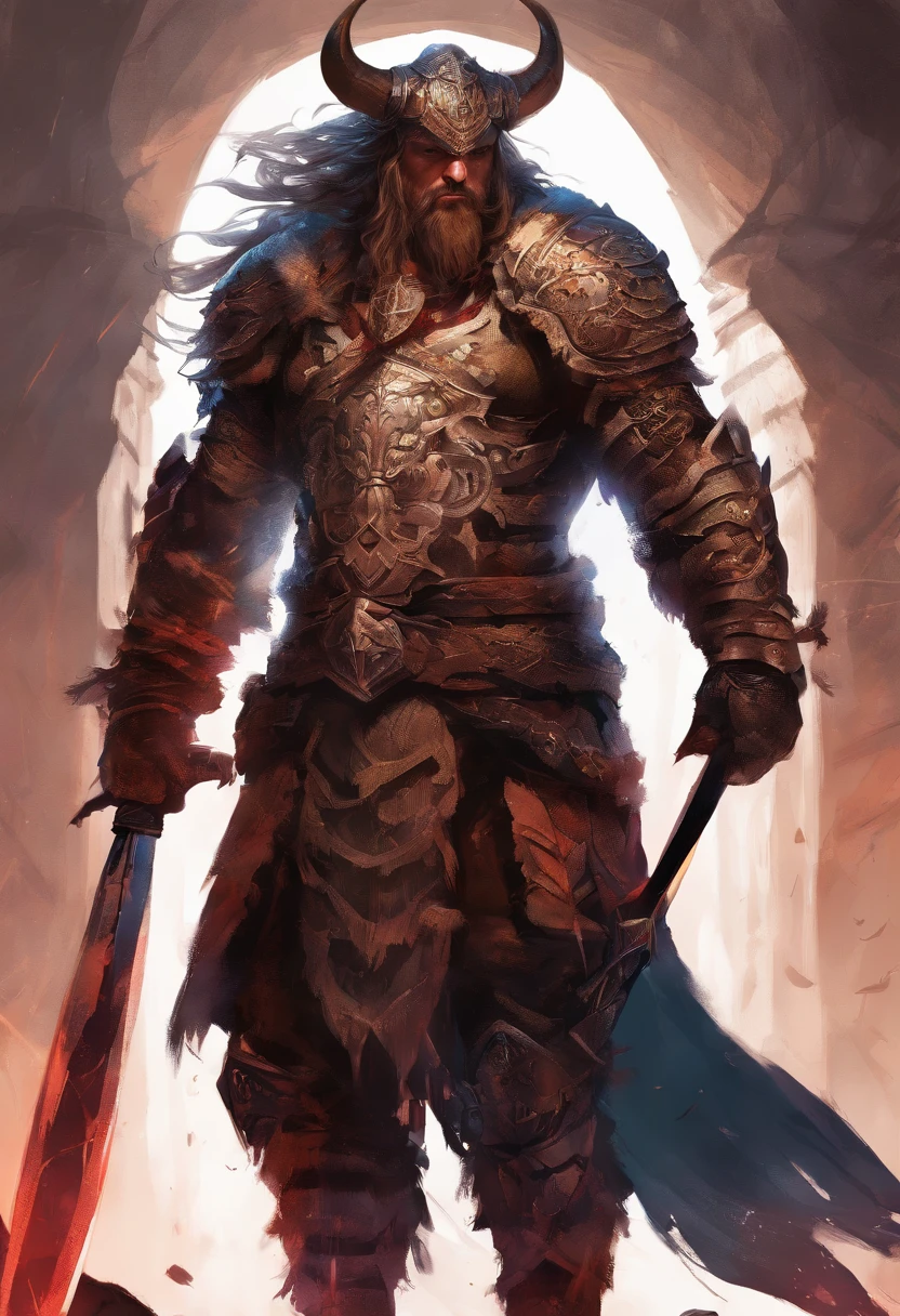 Tall savage warrior man, Boar-themed, Detailed Armor, Old Engraved Leather Cuirass, Intricate design of the torso armor, Intricate carvings of torso armor, hali々and a powerful stance, fierce look, Red wild mane braided hair and beard, Dynamic Pose, intense battle scene, fantasy setting, Vibrant colors, Dramatic Lighting, epic atmosphere, Mythical creatures in the background, Swords and Viking shields, Attention to anatomy and facial features, Symbolic use of highlights and shadows, Capturing emotions, masterful composition