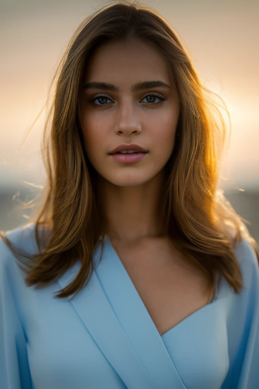 (masterpiece, best quality, high resolution:1.4), 1girl, skin pores texture, Hair wavy extra long brown HD , Photography, movie, cinematic, half Body, Realistic, (8k, RAW photo, masterpiece:1.2), (realistic, photo-realistic:1.33),detailed eyes blue, natural lighting, depth of field, film grain, wrinkled skin, sharp, (freckles:0.5) , outside, wearing elegant outfit with gold jewels, staring at camera, chapped lips, soft natural lighting, fashion photography, magical photography, dramatic lighting, photo realism, ultra-detailed, intimate composition, Leica 50mm,